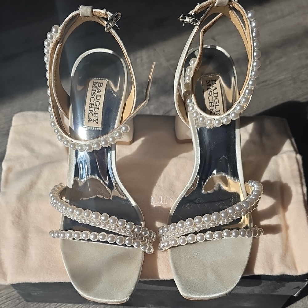 Badgley Mischka Pearl-Embellished White Bridal Heels